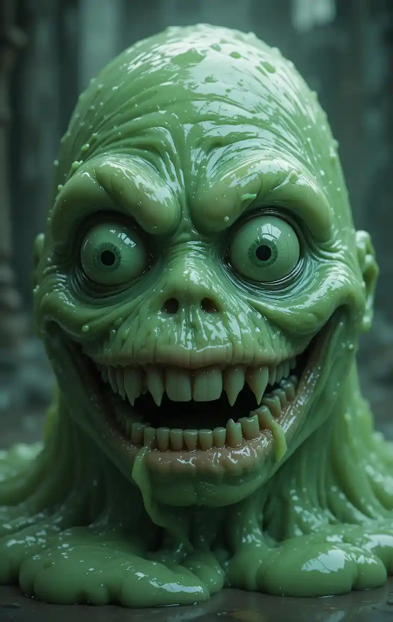 Um monstro de gosma verde translúcida com três olhos e um sorriso cheio de dentes