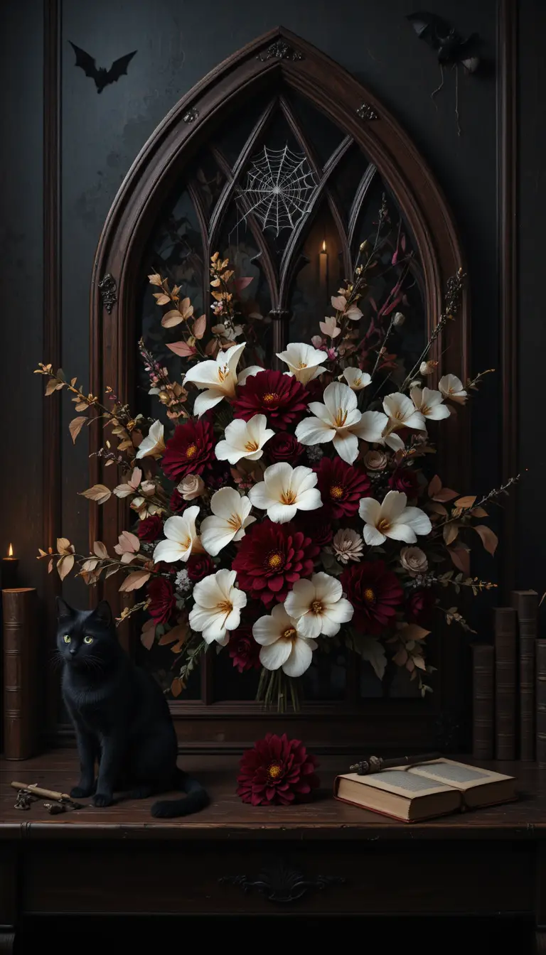 Burgundy flowers framed by a Gothic arch in candlelit still life