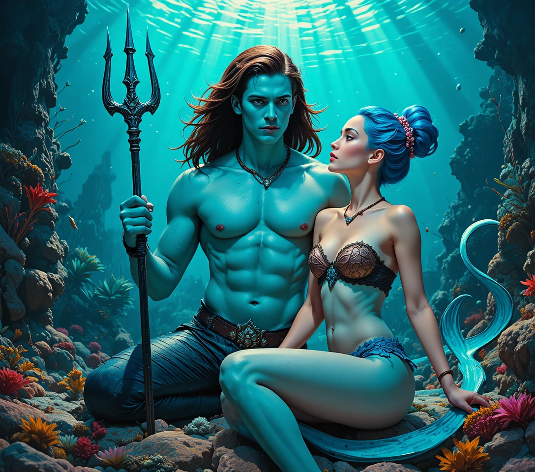 A Turquoise Merman Raises His Trident Beneath the Ocean Surface