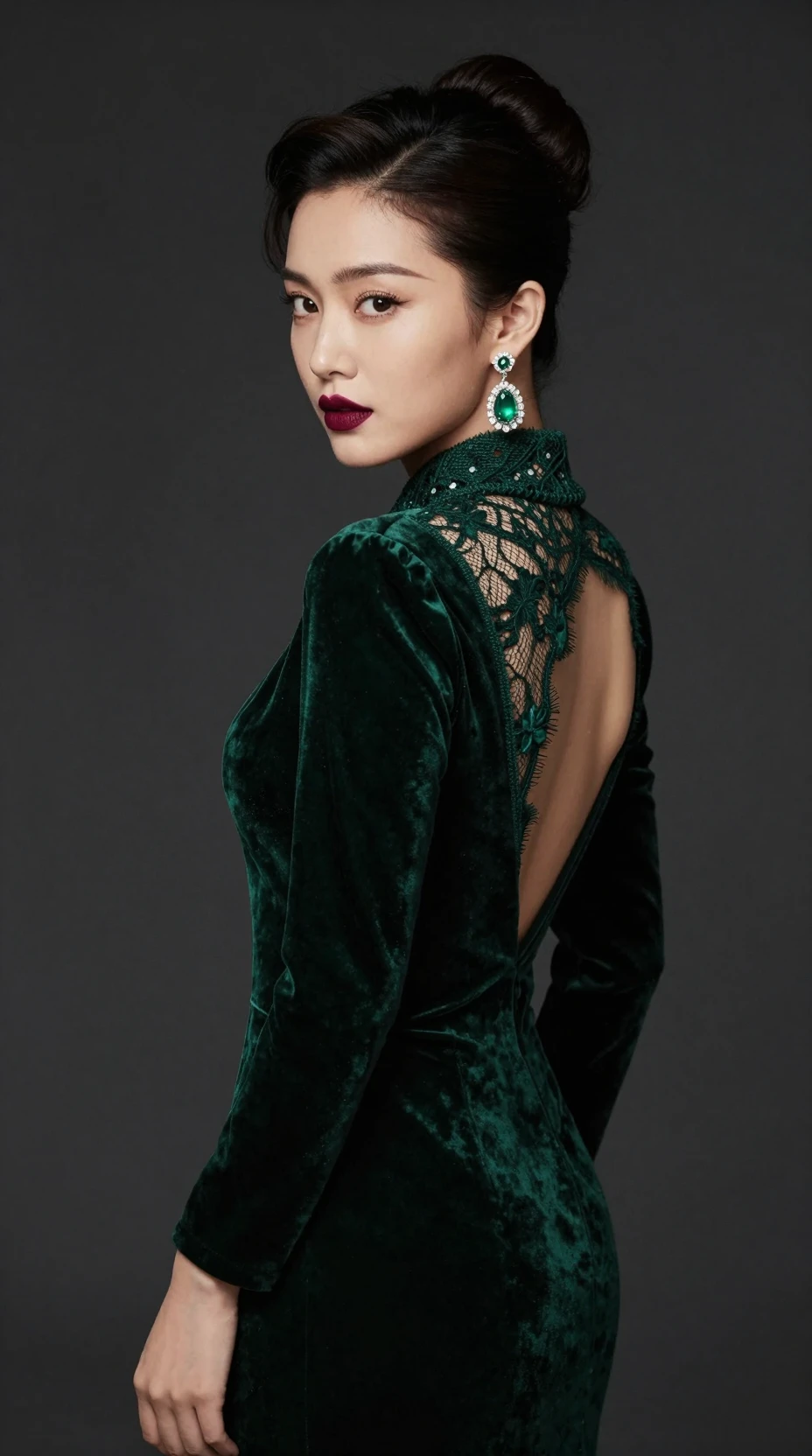 Uma mulher glamorosa olha por cima do ombro usando um vestido de veludo verde-esmeralda