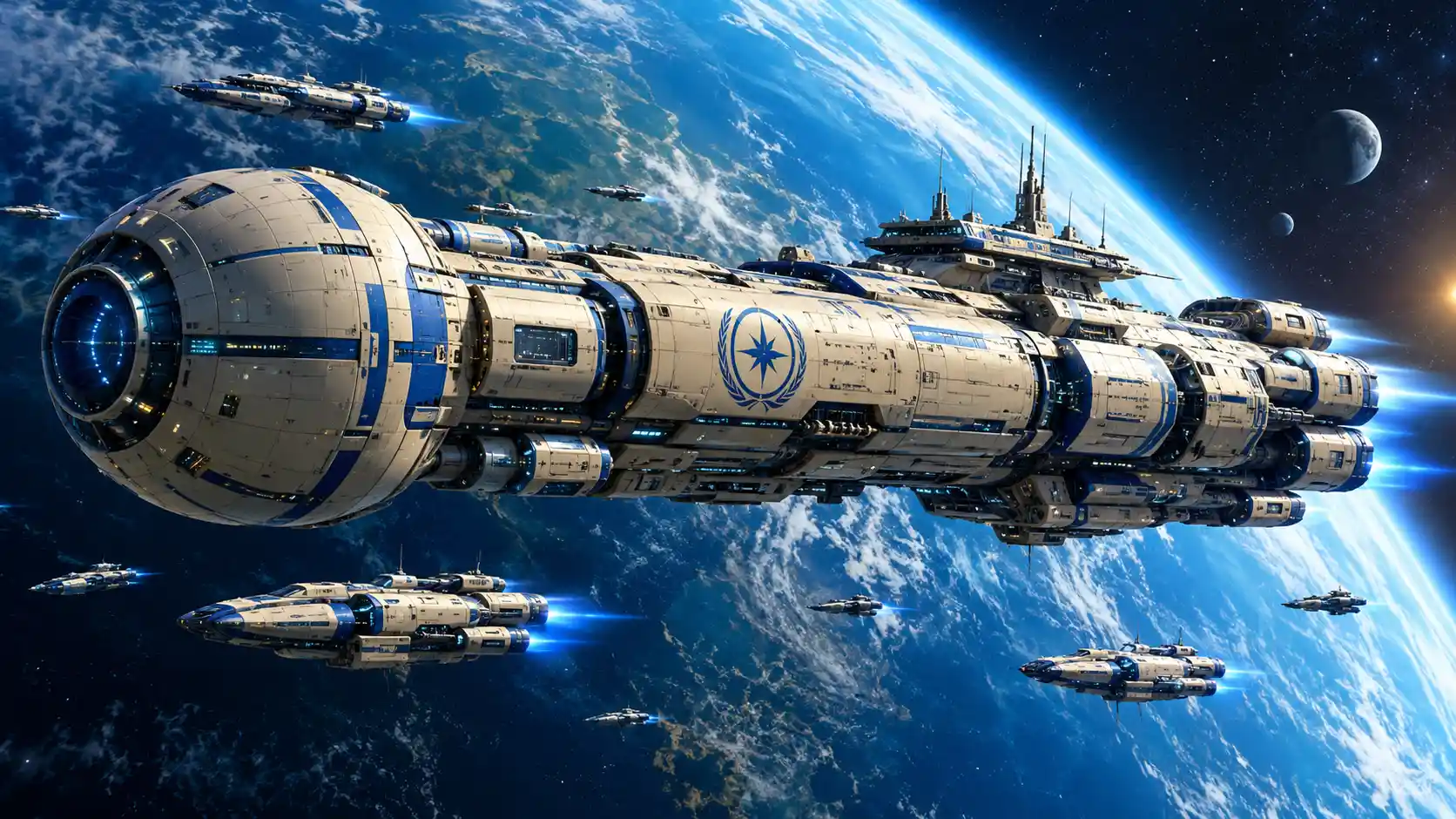 Ein futuristisches Raumschiff fliegt mit kleineren Schiffen an einem blauen Planeten vorbei
