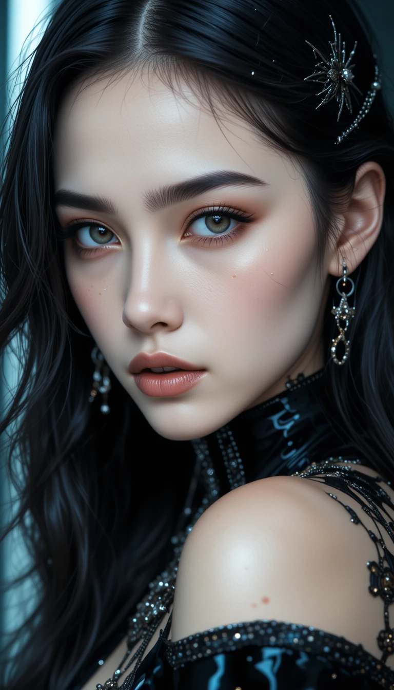 Uma mulher de cabelos escuros em um editorial de moda futurista em preto