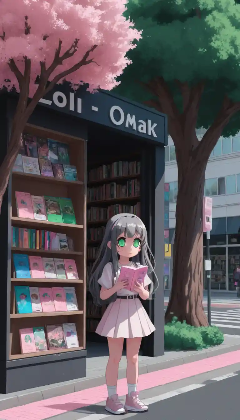 Pixel art girl beside a bookstore holding a glowing pink object