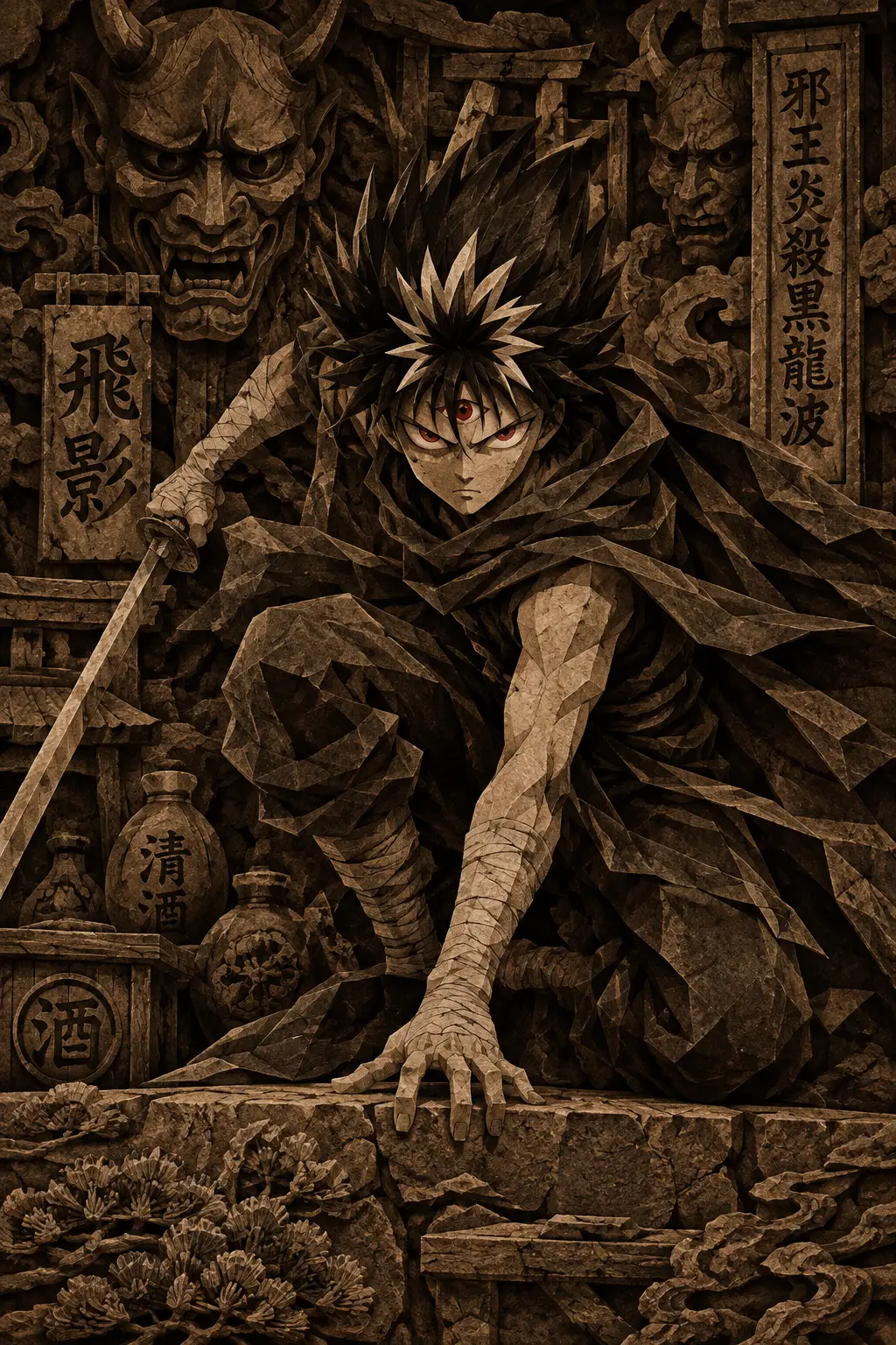 Hiei agachado com uma katana num relevo de pedra em sépia