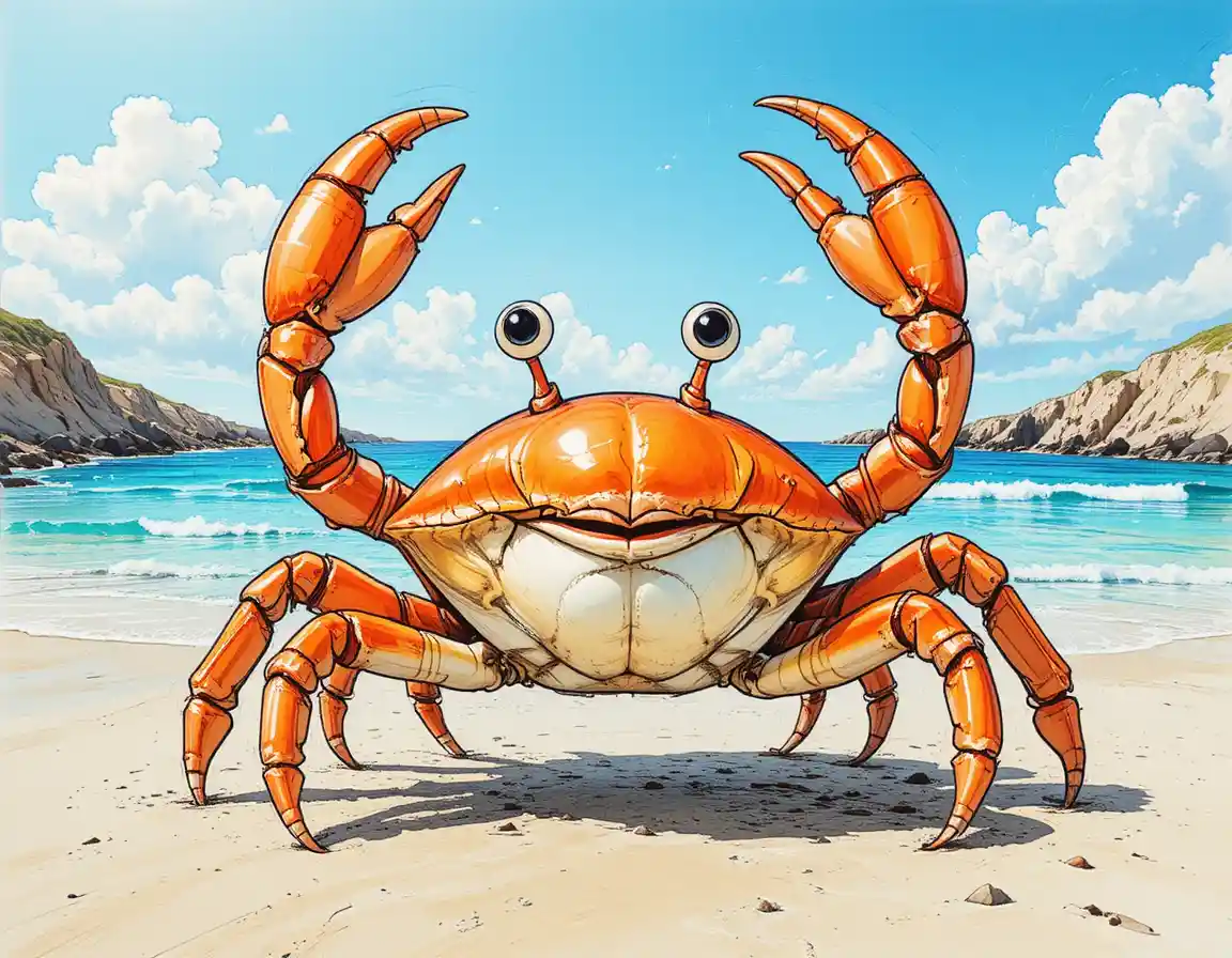 Eine lächelnde Krabbe hebt am Sandstrand ihre Scheren