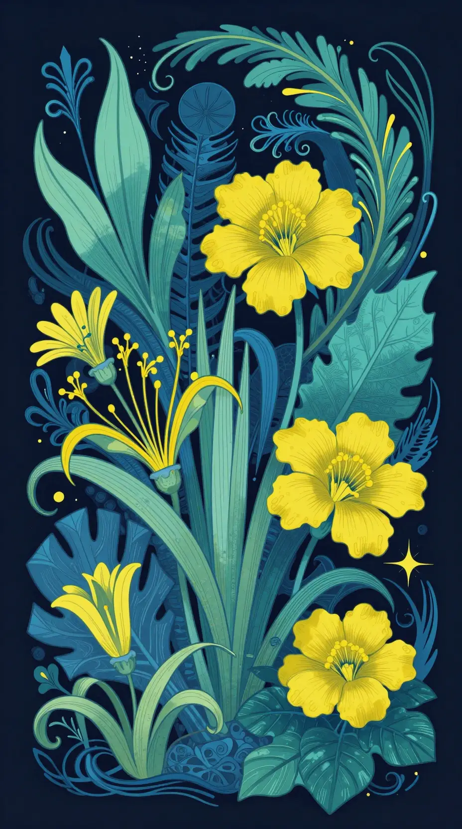 Whimsical art nouveau flowers among lush exotic foliage