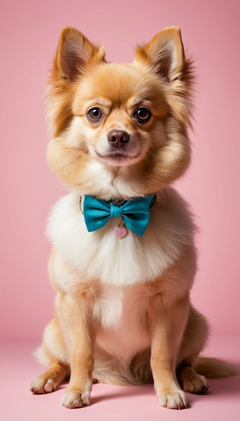 Um cãozinho colorido posa sentado para um retrato dramático em estúdio