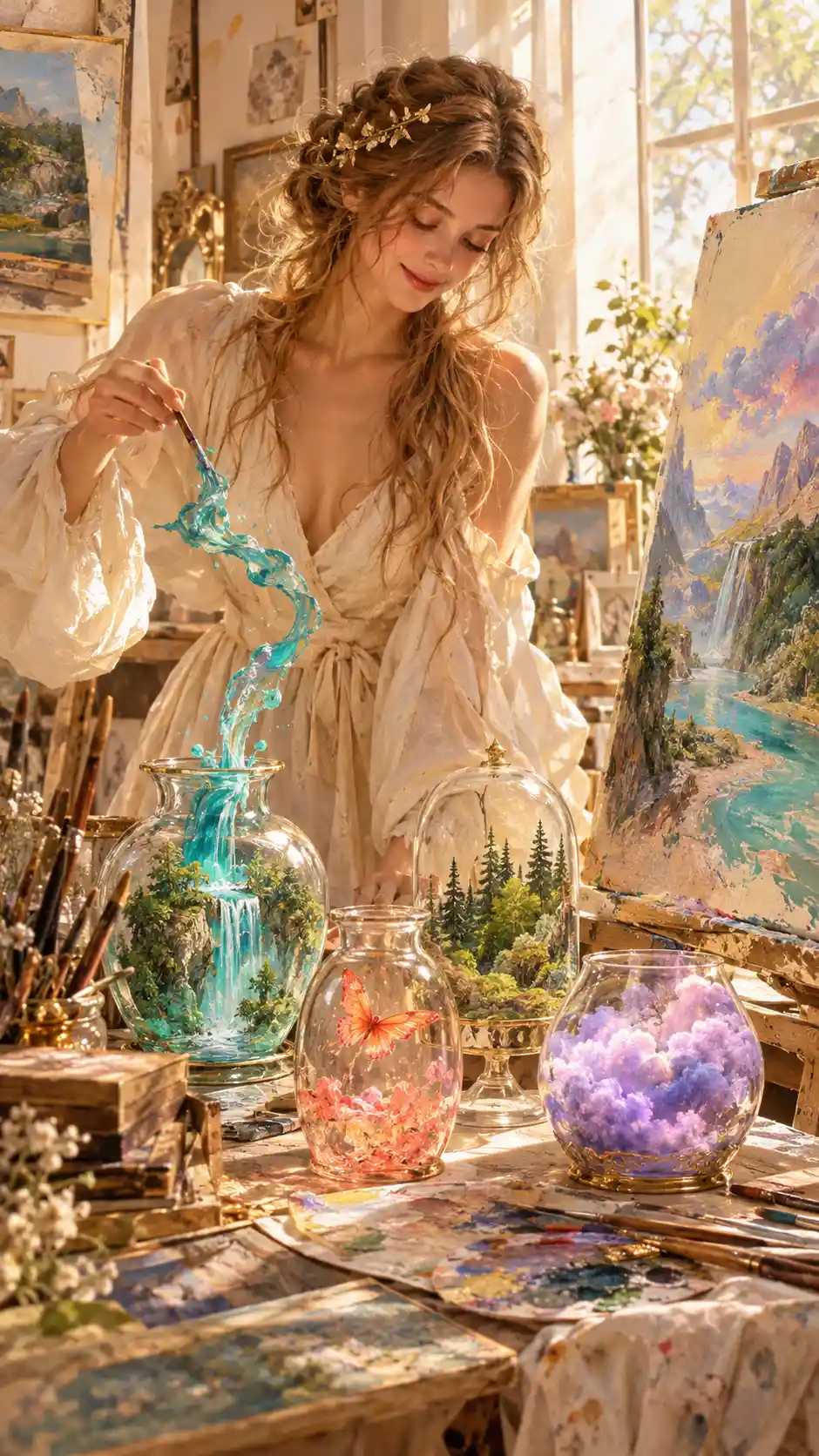 Um artista reúne cores vivas em um estúdio de pintura banhado pelo sol