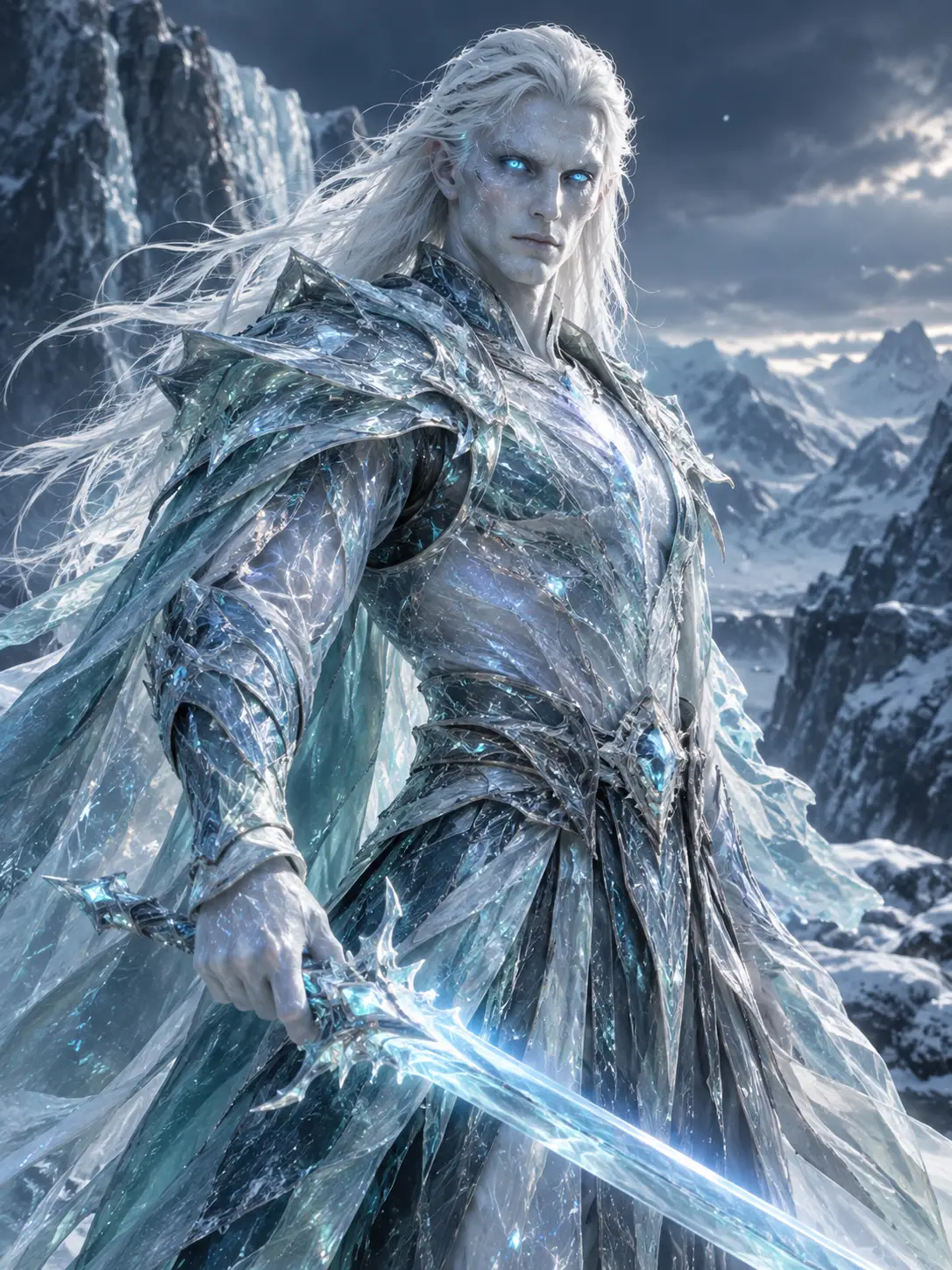 A Translucent Ice Creature With Glowing Blue Eyes Stands in Snow