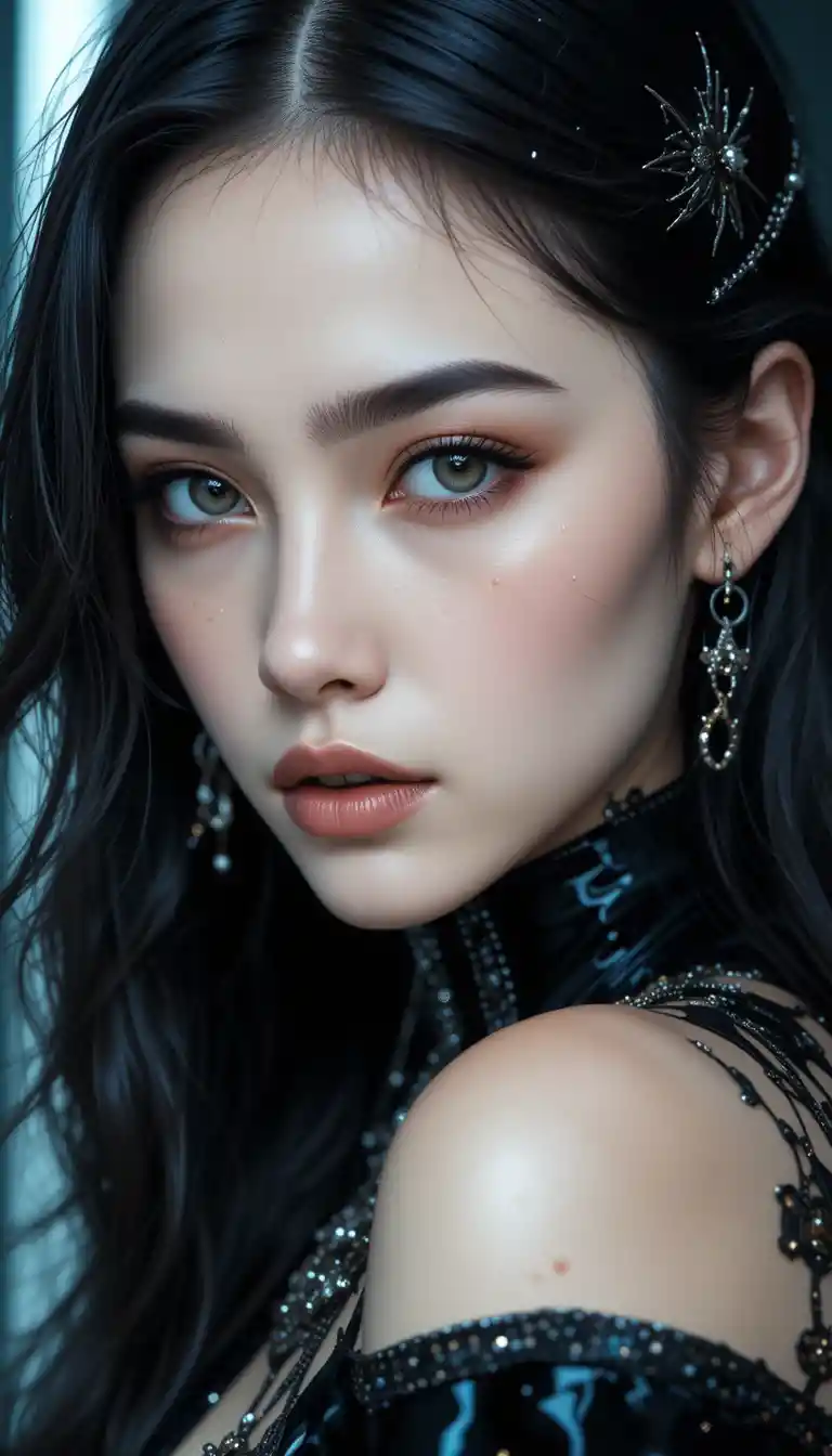Uma mulher de cabelos escuros em um editorial de moda futurista em preto