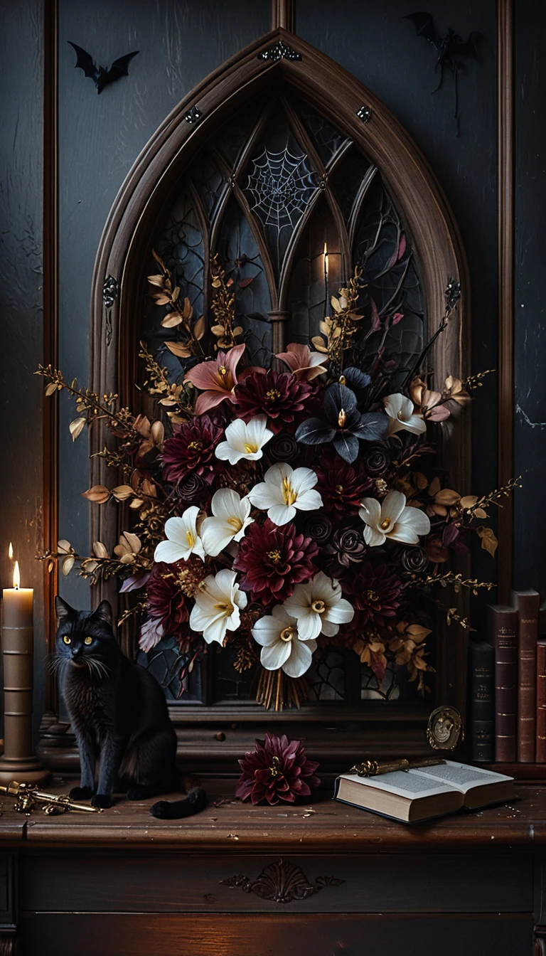 Uma moldura de janela gótica enquadra um arranjo floral de Halloween sombrio