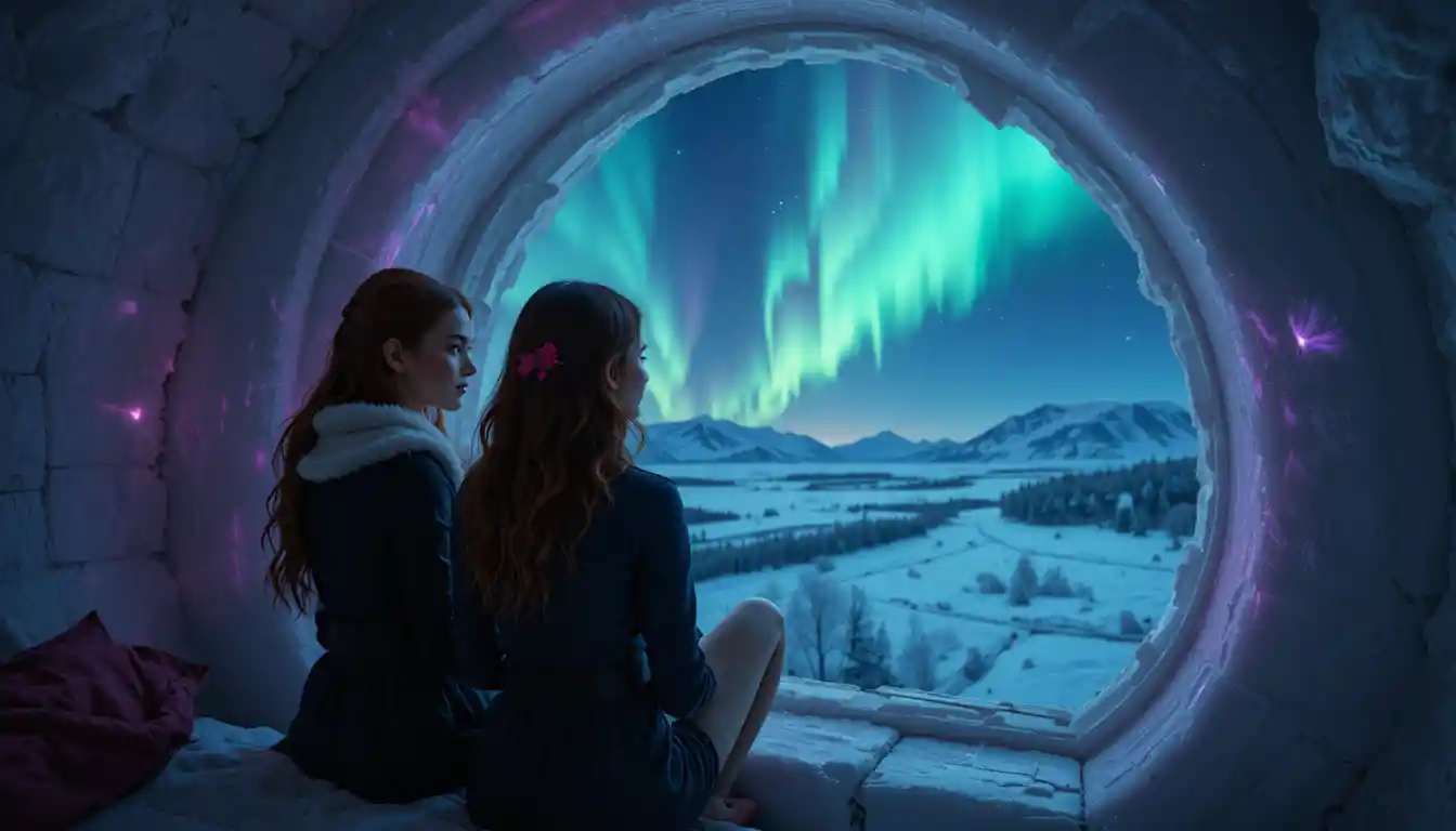 Deux jeunes femmes admirent les aurores boréales depuis la fenêtre d'un hôtel de glace