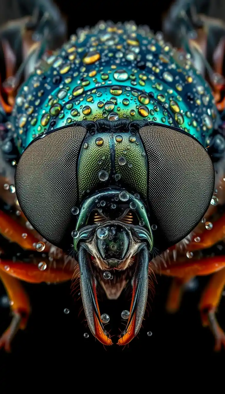 An insect head covered in droplets against a black background