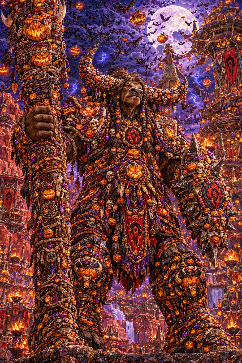 Cairne Casco Sangrento segura um imponente totem e um escudo num mosaico de Halloween