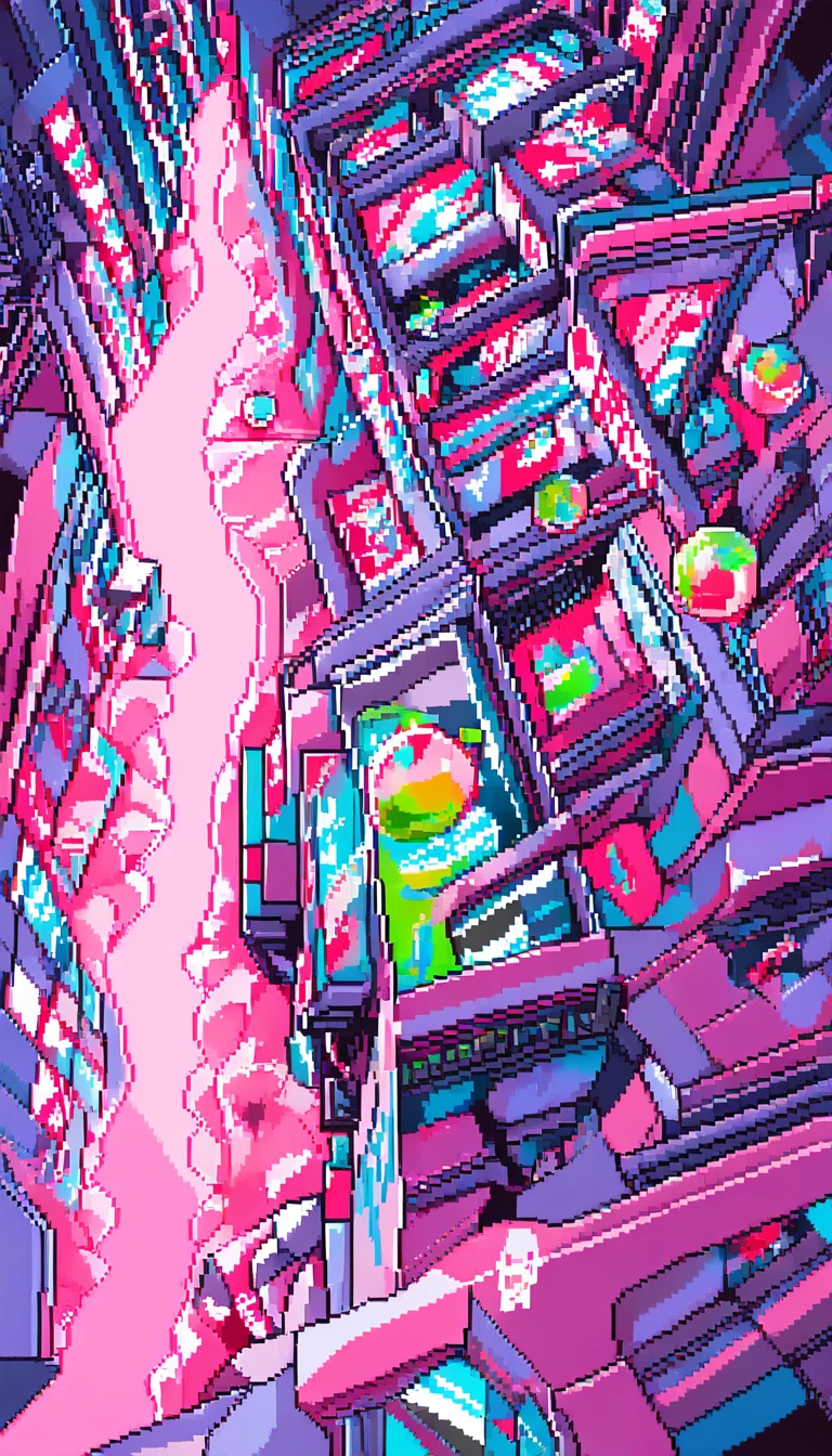 Uma menina em pixel art está ao lado de uma livraria, segurando um bastão rosa brilhante
