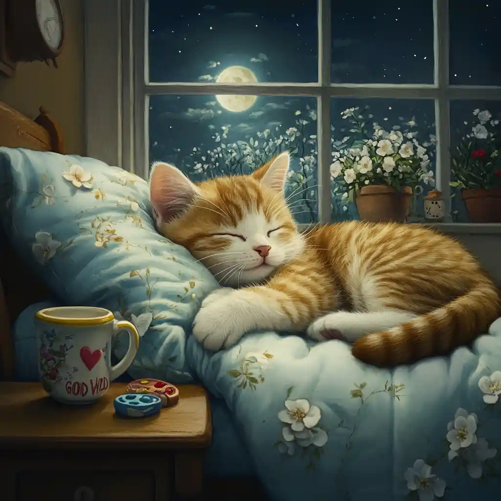 Un chaton endormi, blotti sur un lit moelleux sous une fenêtre éclairée par la lune