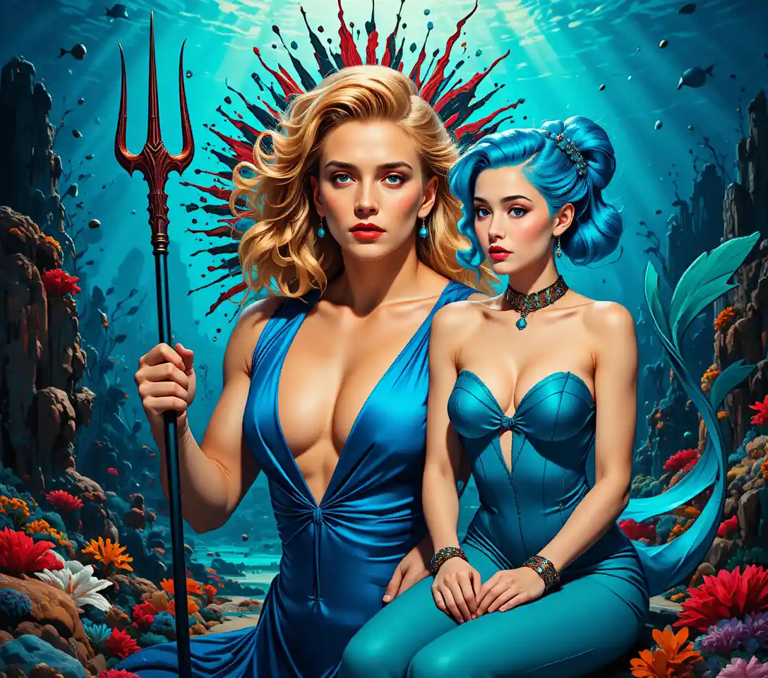 Uma mulher loira e glamorosa posa diante de um vibrante fundo gráfico abstrato