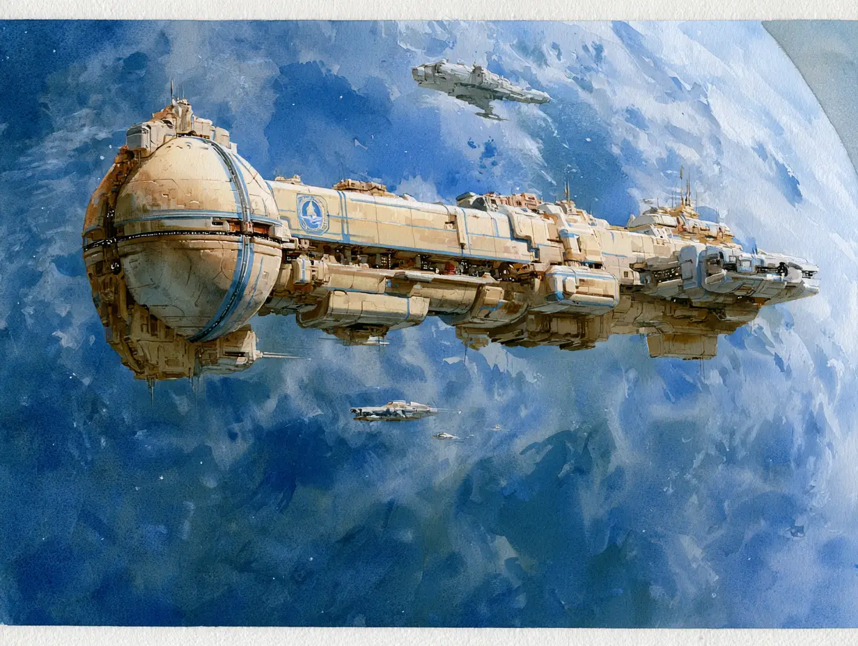 Uma enorme nave espacial futurista voa junto de um planeta azul
