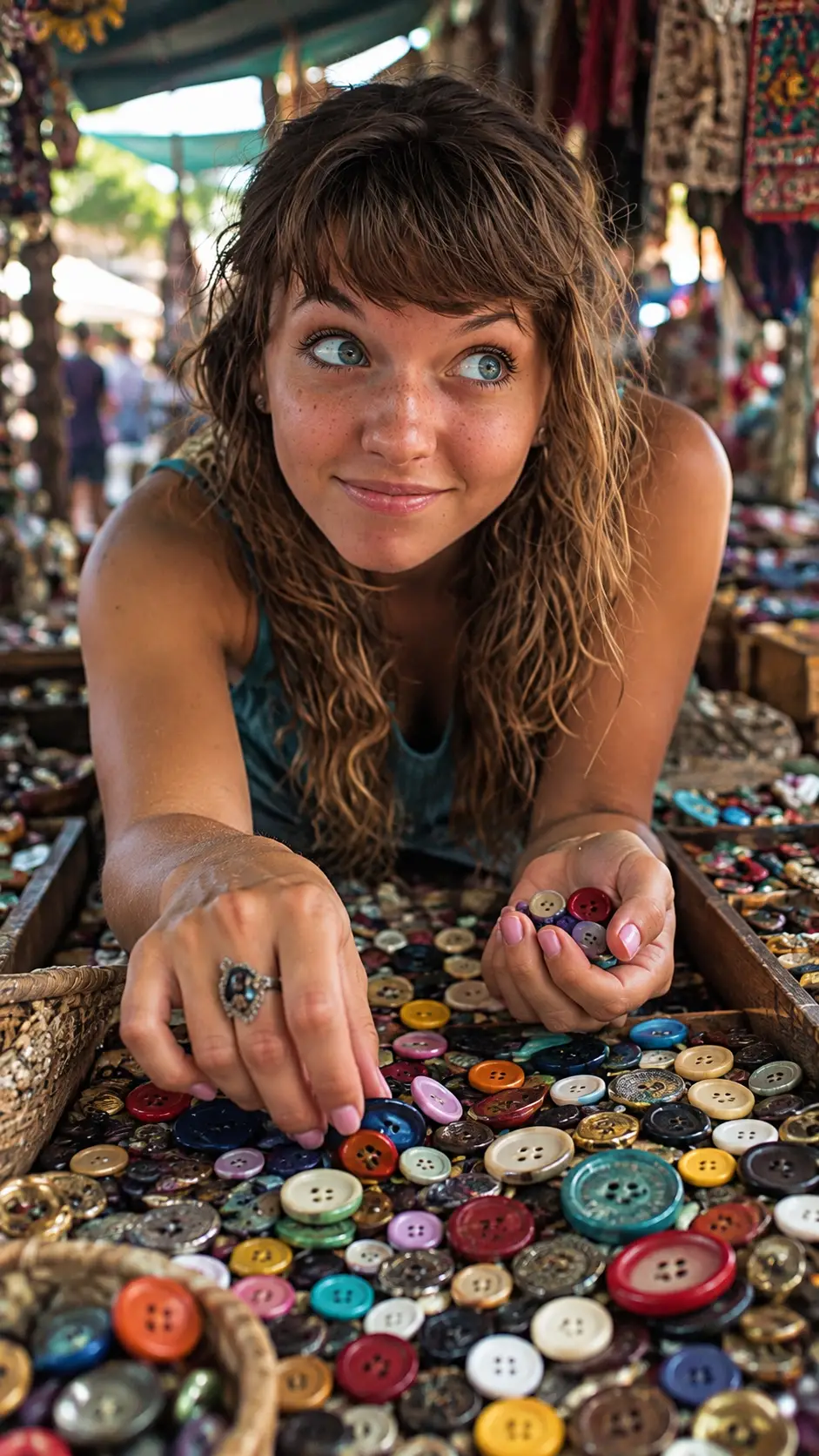 A young woman searches colorful buttons at a local marketplace