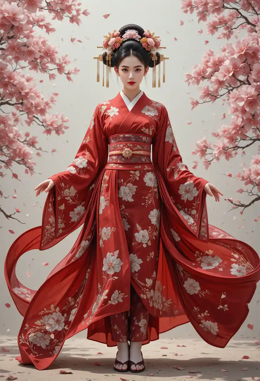Uma oiran com um traje vermelho bordado e aberto entre folhas de sakura ao vento