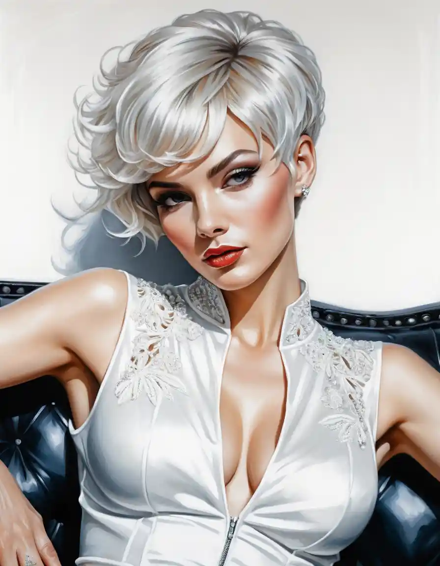 Uma mulher elegante reclina-se em um sofá diante de um fundo branco