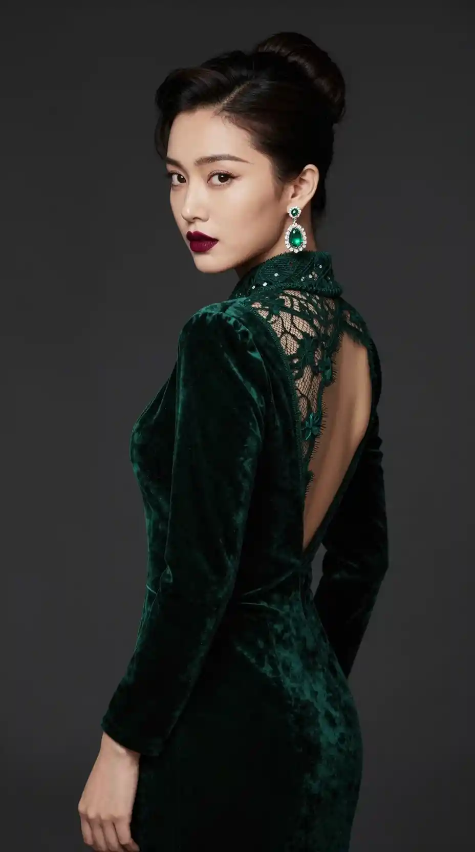 A glamorous woman looks back over her shoulder in an emerald velvet dress