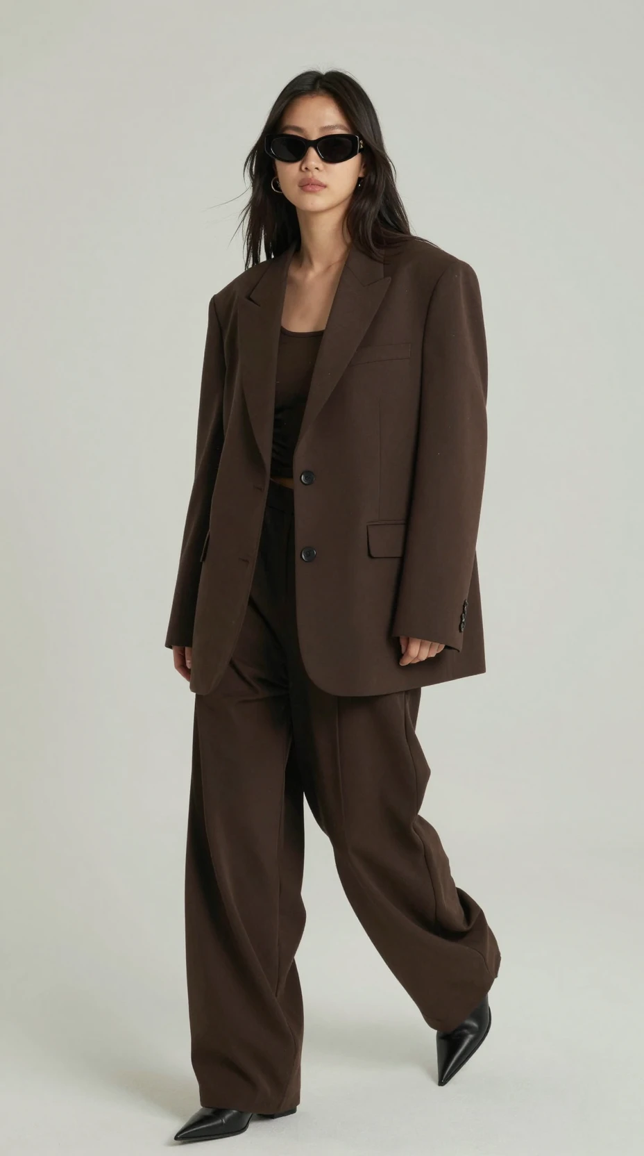 A Korean girl steps out in an oversized blazer and fluid trousers