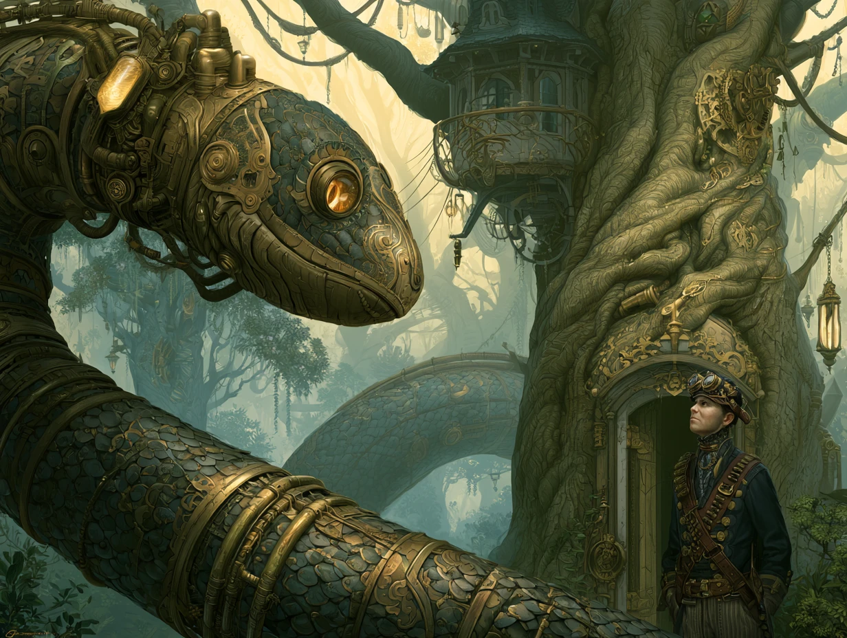 Una serpiente steampunk se enrosca alrededor de un árbol antiguo y majestuoso