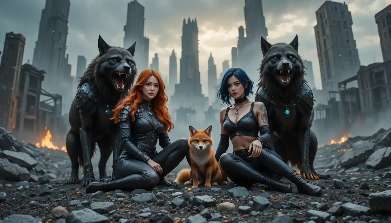 Duas mulheres de um mundo de fantasia sentadas entre lobos em um chão coberto de cinzas