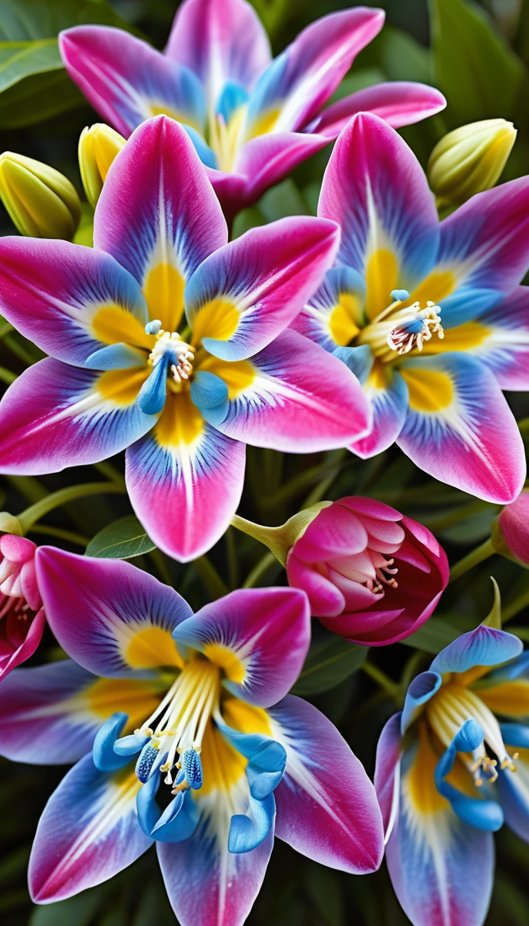 Flores azuis vibrantes com pétalas de pontas brancas florescendo ao ar livre