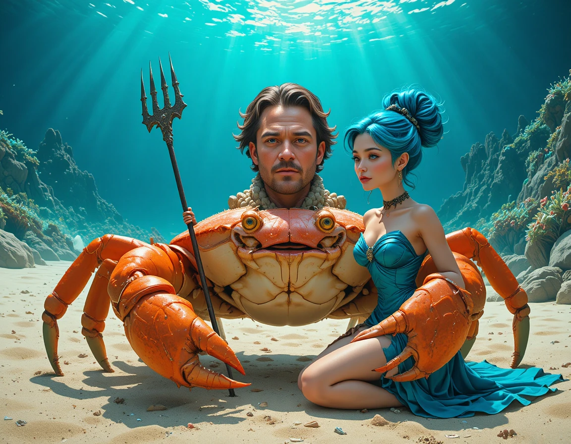 Eine lächelnde orange Krabbe hebt an einem sonnigen Sandstrand ihre Scheren