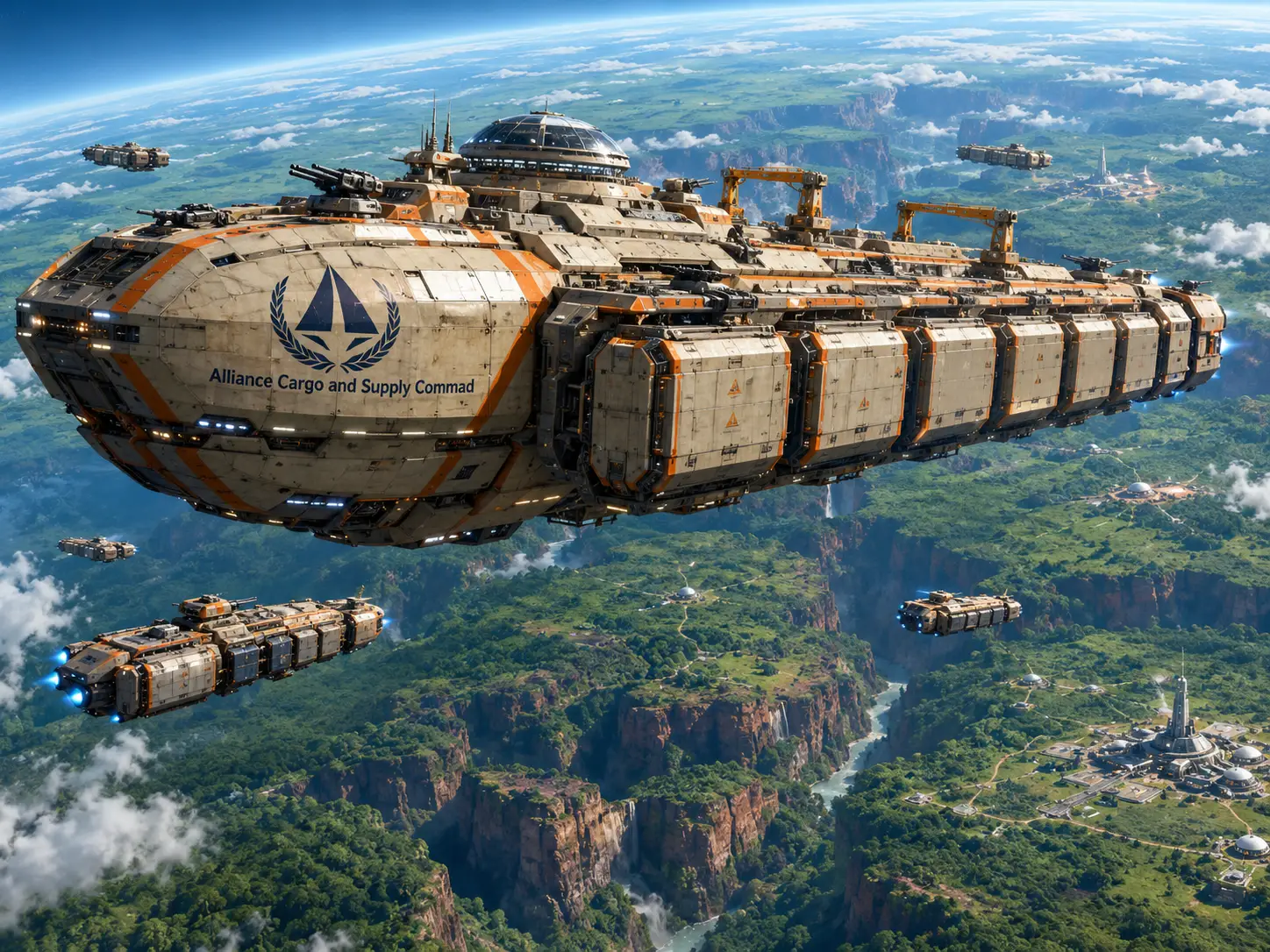 Uma colossal nave cargueira aproxima-se de um planeta verdejante com postos avançados nos desfiladeiros