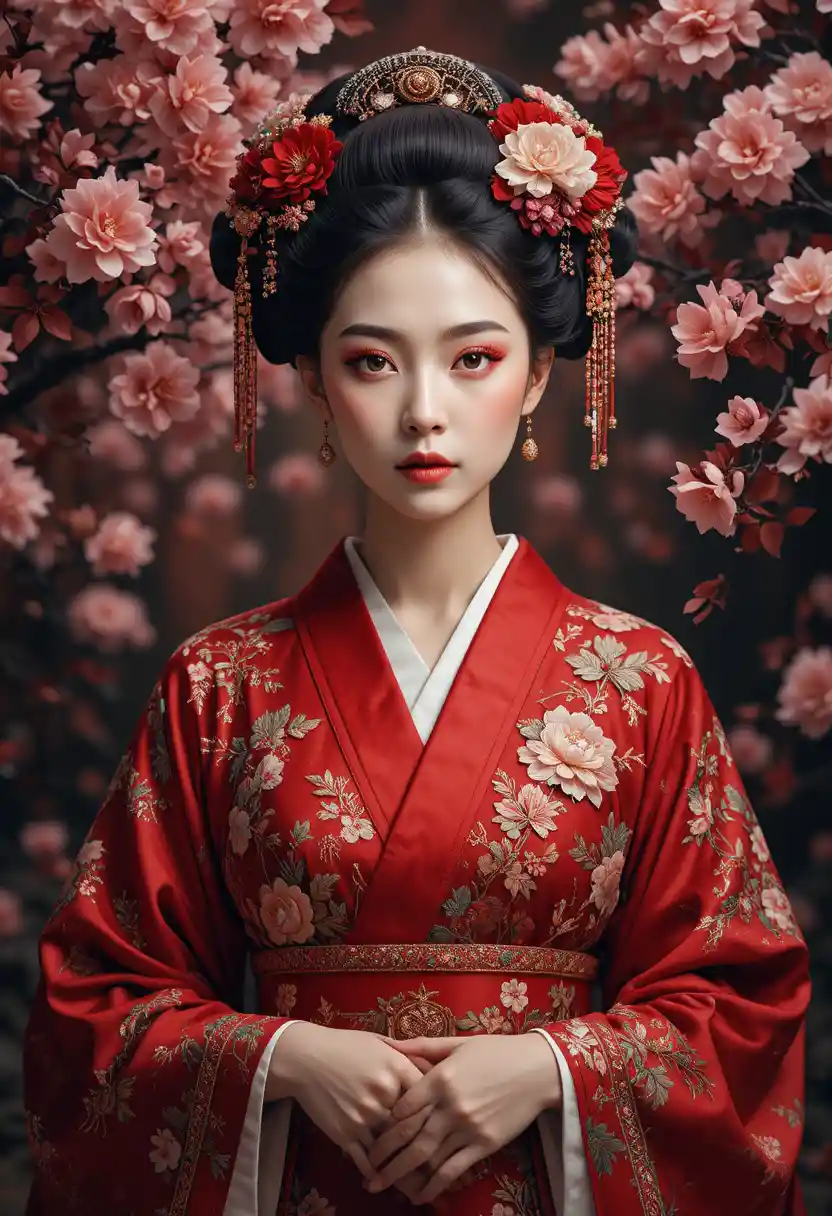 Uma oiran com traje vermelho bordado e aberto na frente, entre folhas de sakura