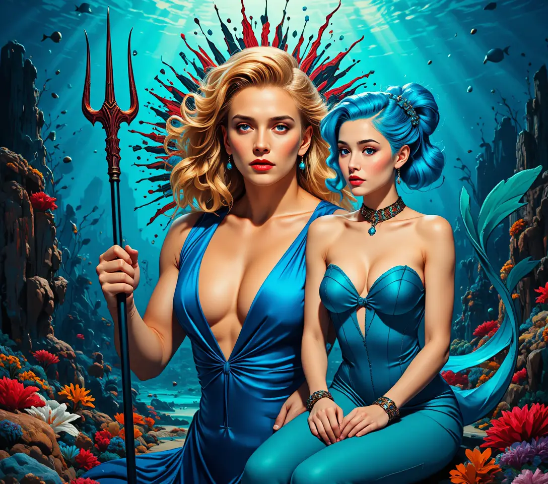 Uma mulher loira e glamorosa posa diante de um vibrante fundo gráfico abstrato
