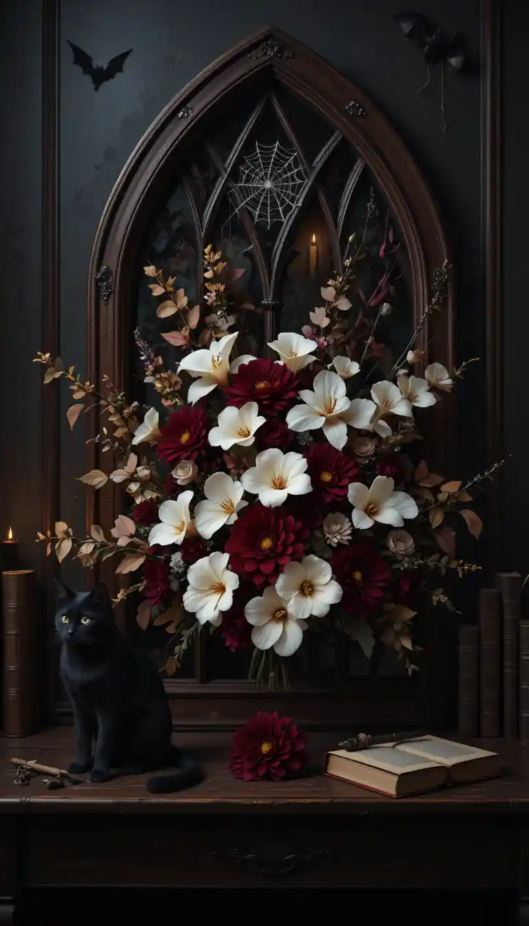 Fiori color borgogna incorniciati da un arco gotico in una natura morta a lume di candela