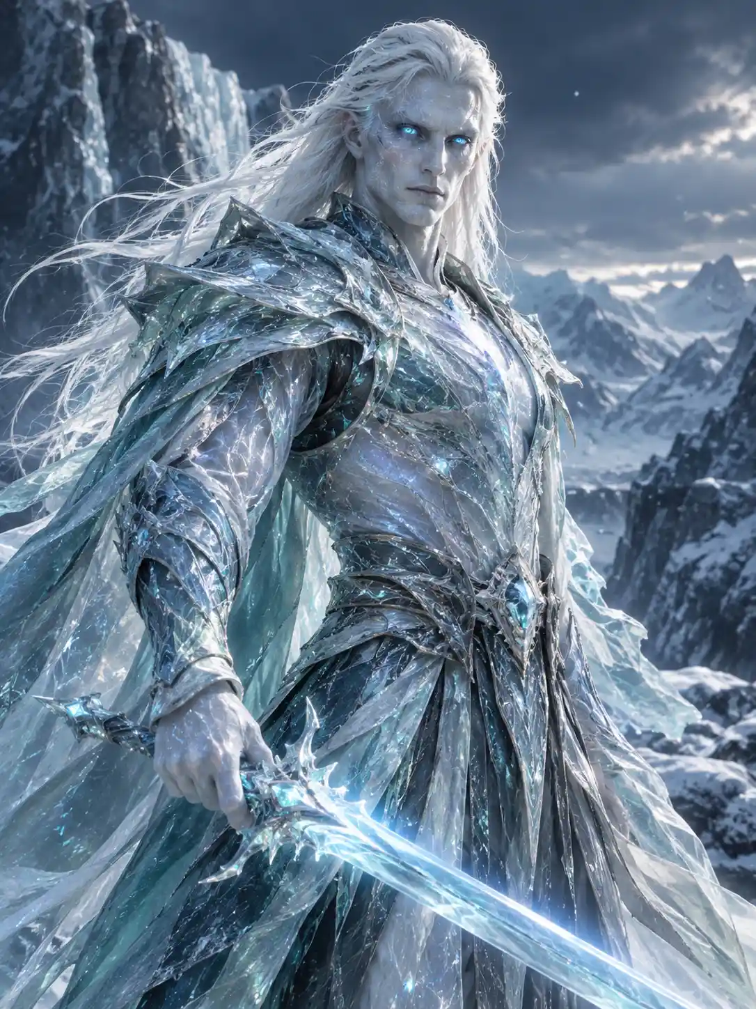 Eine durchscheinende Eisgestalt mit leuchtend blauen Augen steht im Schnee