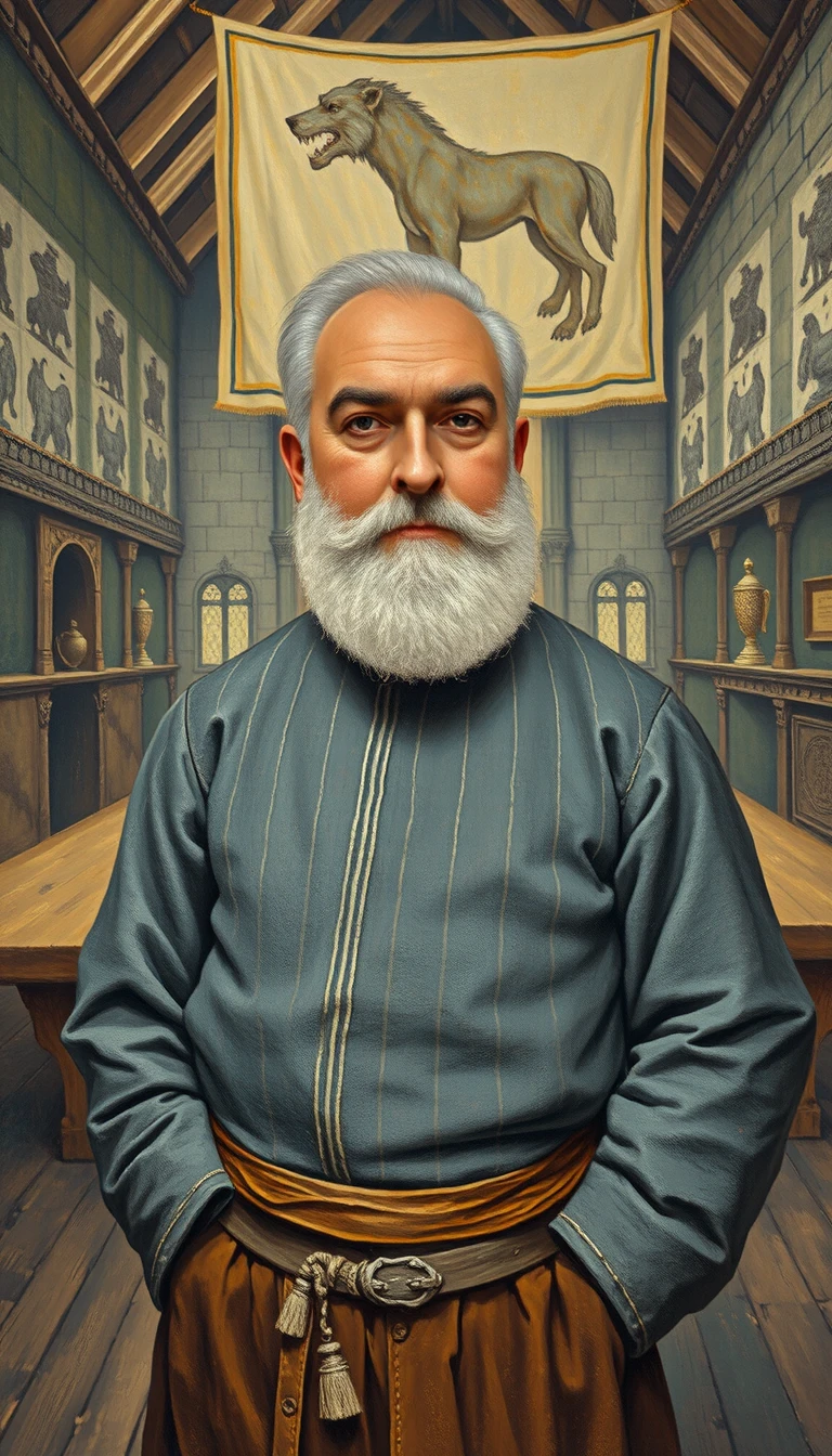 An older bearded man stands in a Renaissance painted castle hall
