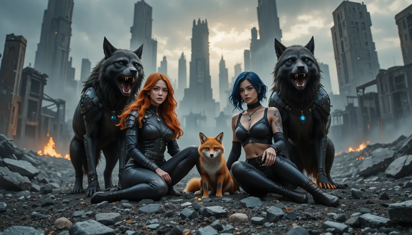 Zwei Frauen aus einer Fantasywelt sitzen zwischen Wölfen auf aschebedecktem Boden