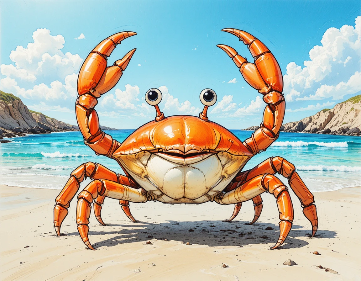 Eine lächelnde Krabbe hebt am Sandstrand ihre Scheren