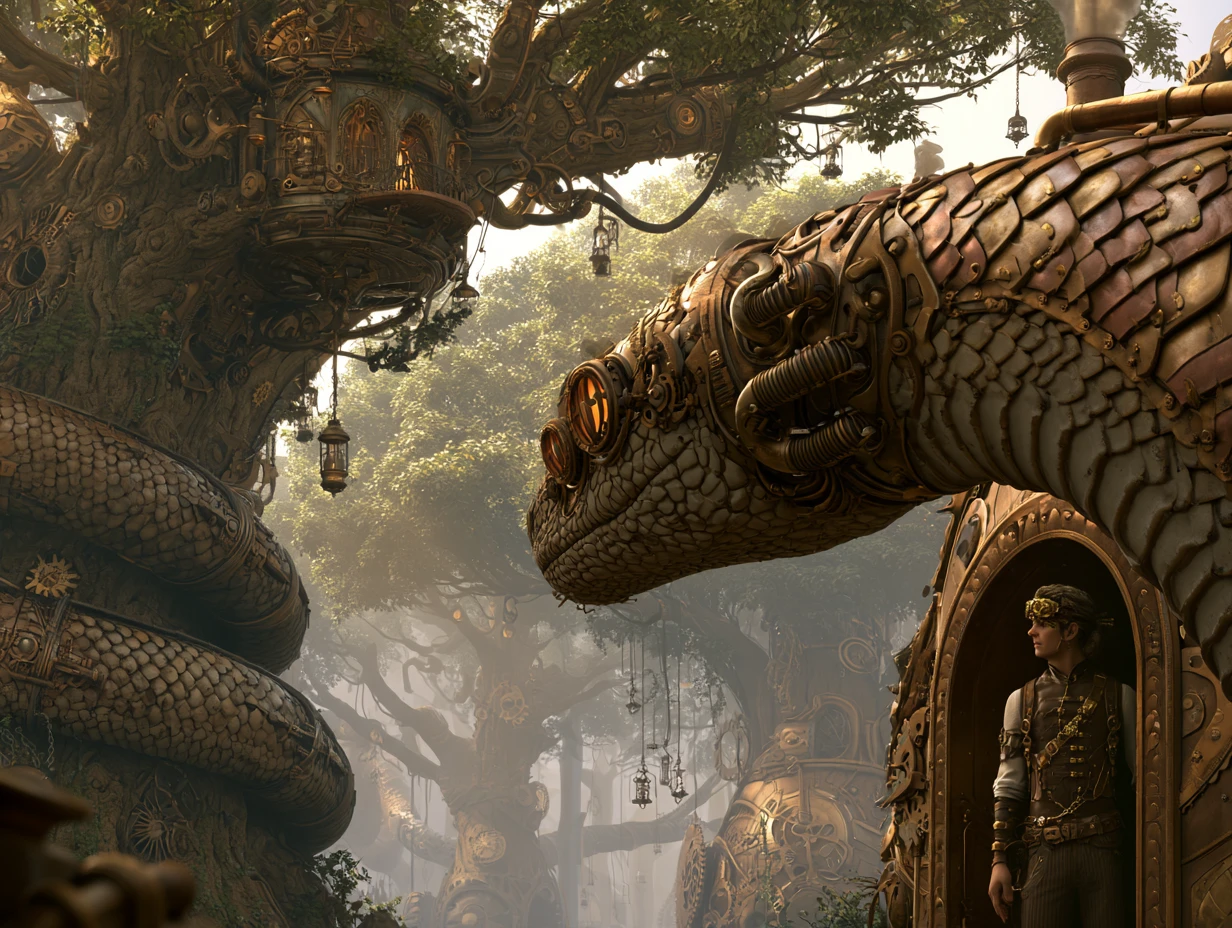 A brass steampunk serpent coils around an ancient towering tree