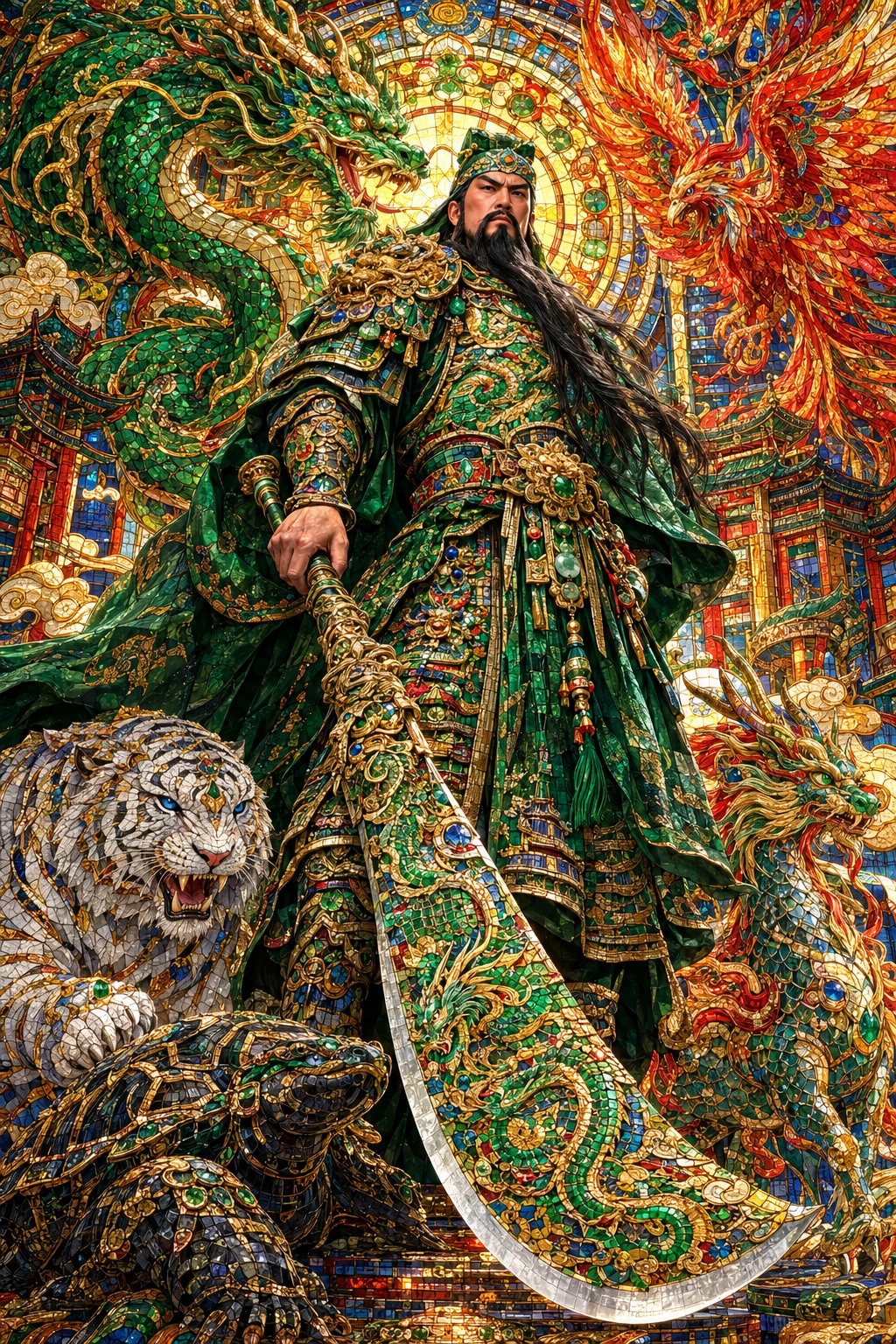 Guan Yu em pé, armado com uma lâmina em forma de crescente e uma elaborada armadura verde