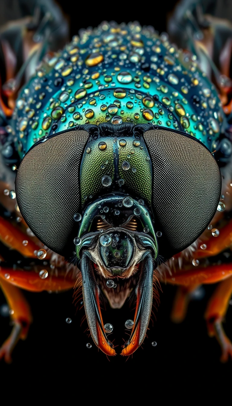 An insect head covered in droplets against a black background