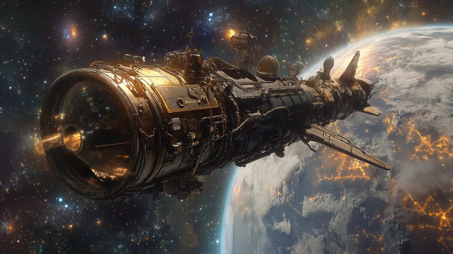 Uma nave steampunk precária voa por uma galáxia repleta de estrelas