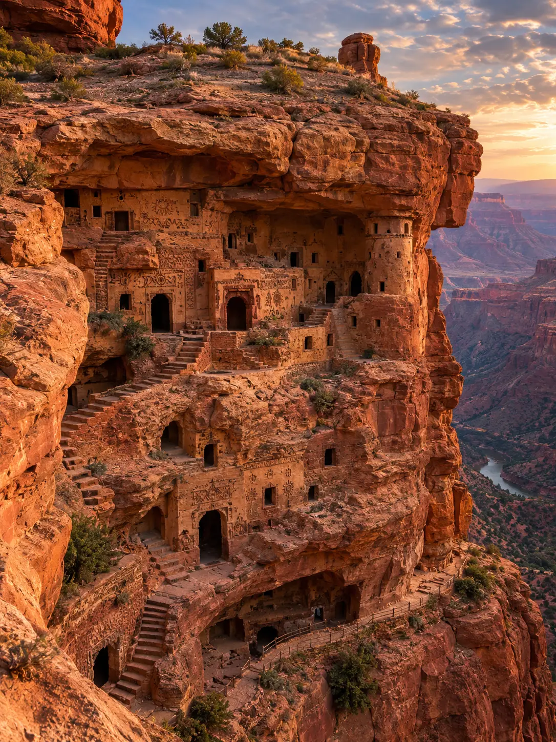 Antiga habitação nas falésias do Colorado, entre formações rochosas vermelhas e escadarias sinuosas