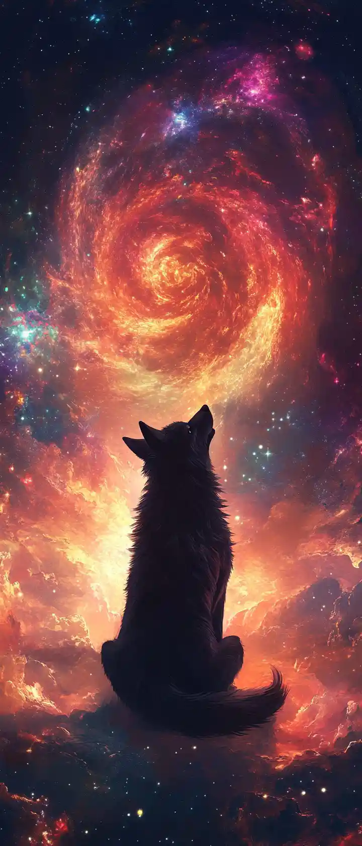 Um majestoso lobo em silhueta diante de um vórtice de energia cósmica em espiral
