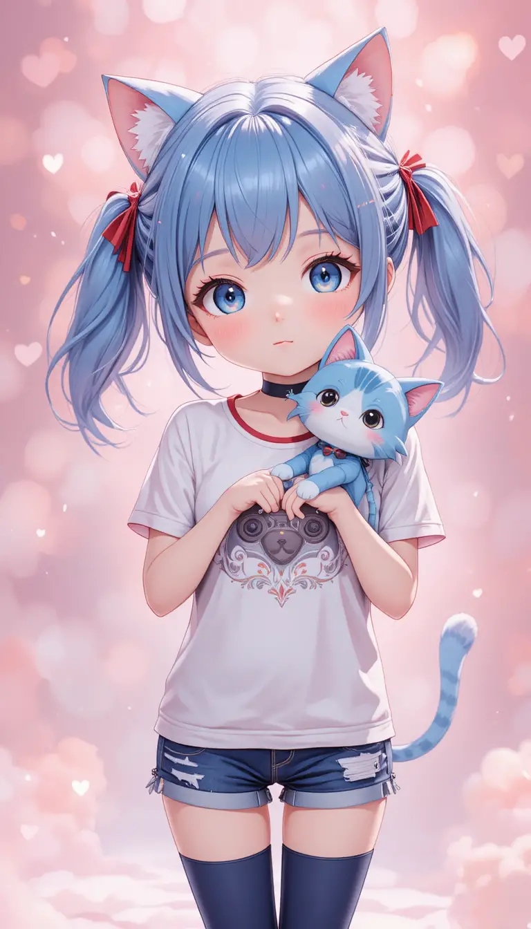 Chibi anime girl with blue cat ears poses with a blue cat