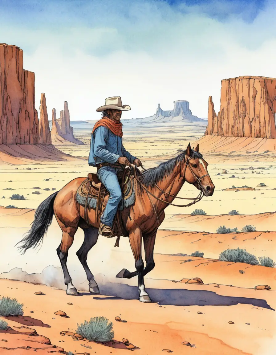 A cowboy rides across an arid landscape beneath distant mesas