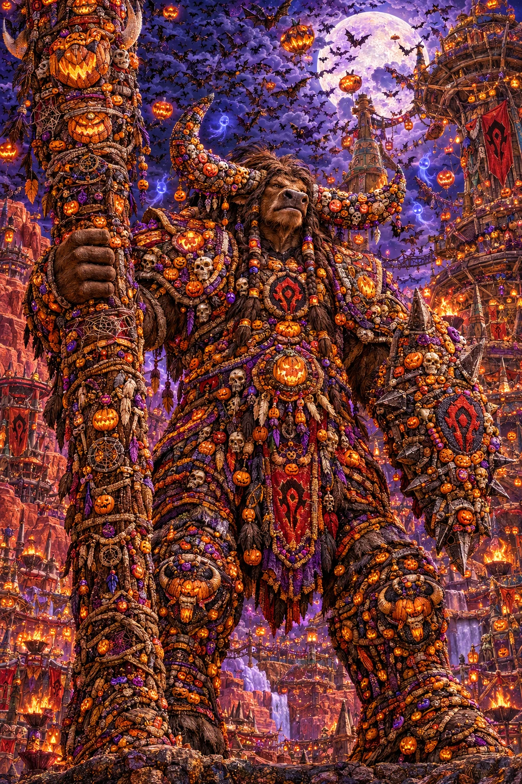 Cairne Casco Sangrento segura um imponente totem e um escudo num mosaico de Halloween