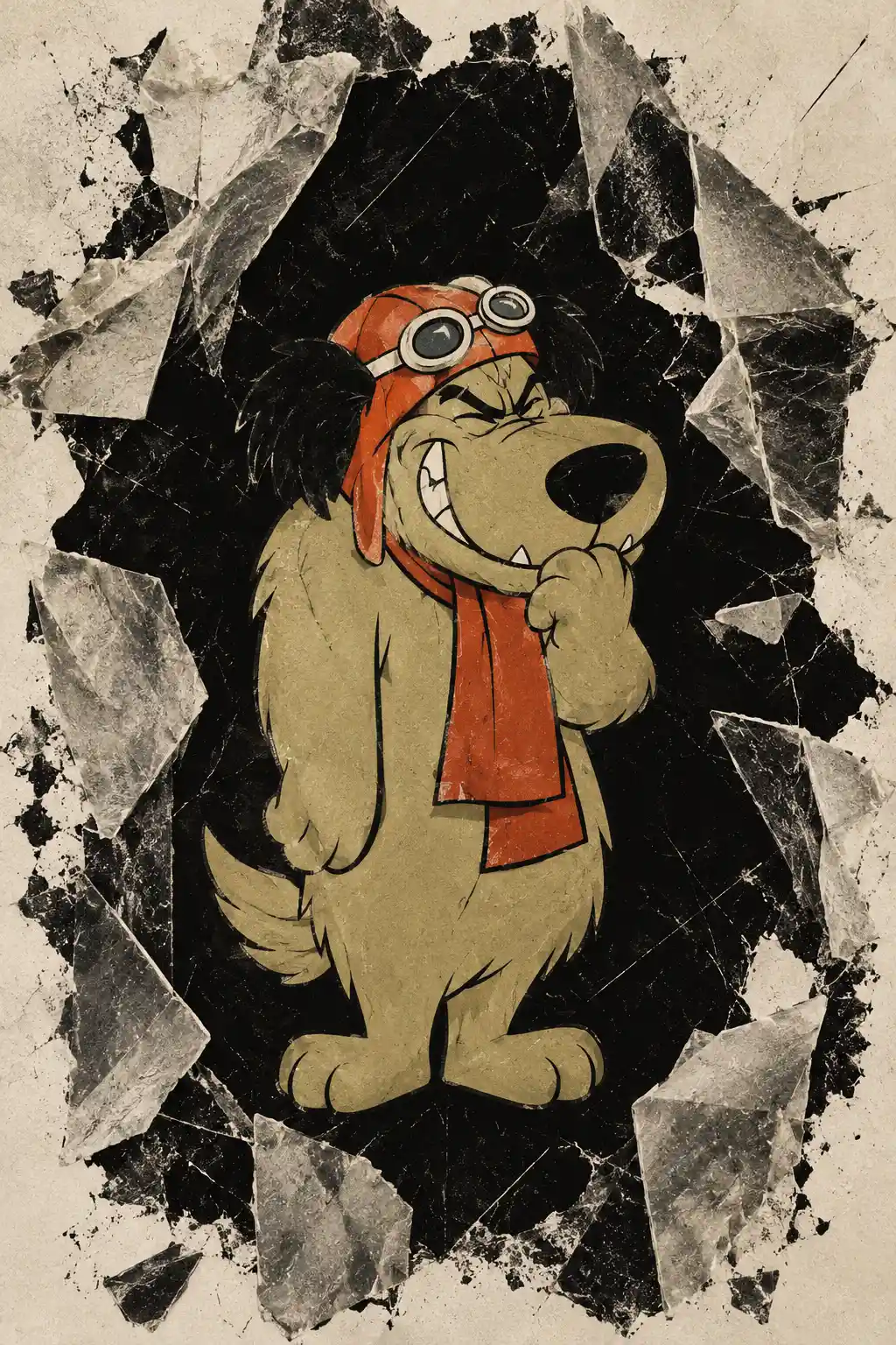 Muttley de corpo inteiro, em pé e com seu familiar sorriso debochado