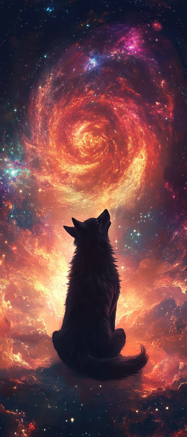 Um majestoso lobo em silhueta diante de um vórtice de energia cósmica em espiral